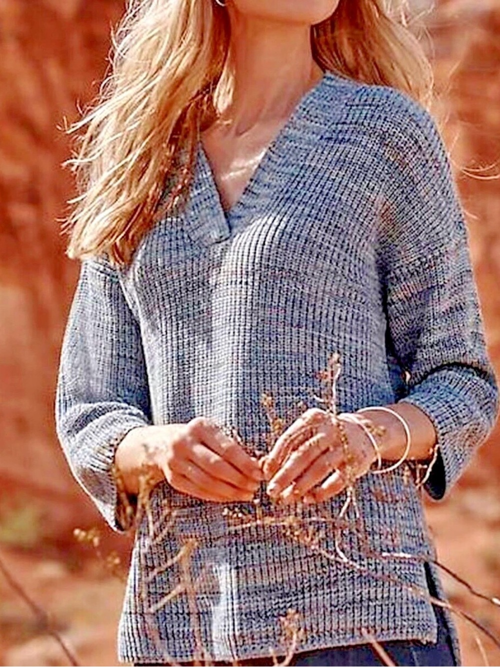 J.Jill Blue White Marled Cotton V-Neck Knit Tunic Sweater Size S